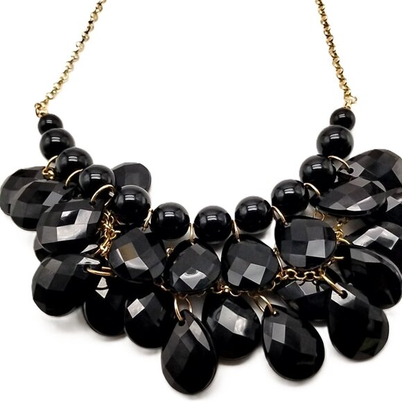 Black Faceted Resin Statement Bib Necklace Gold-tone Chain NWOT - Picture 6 of 14